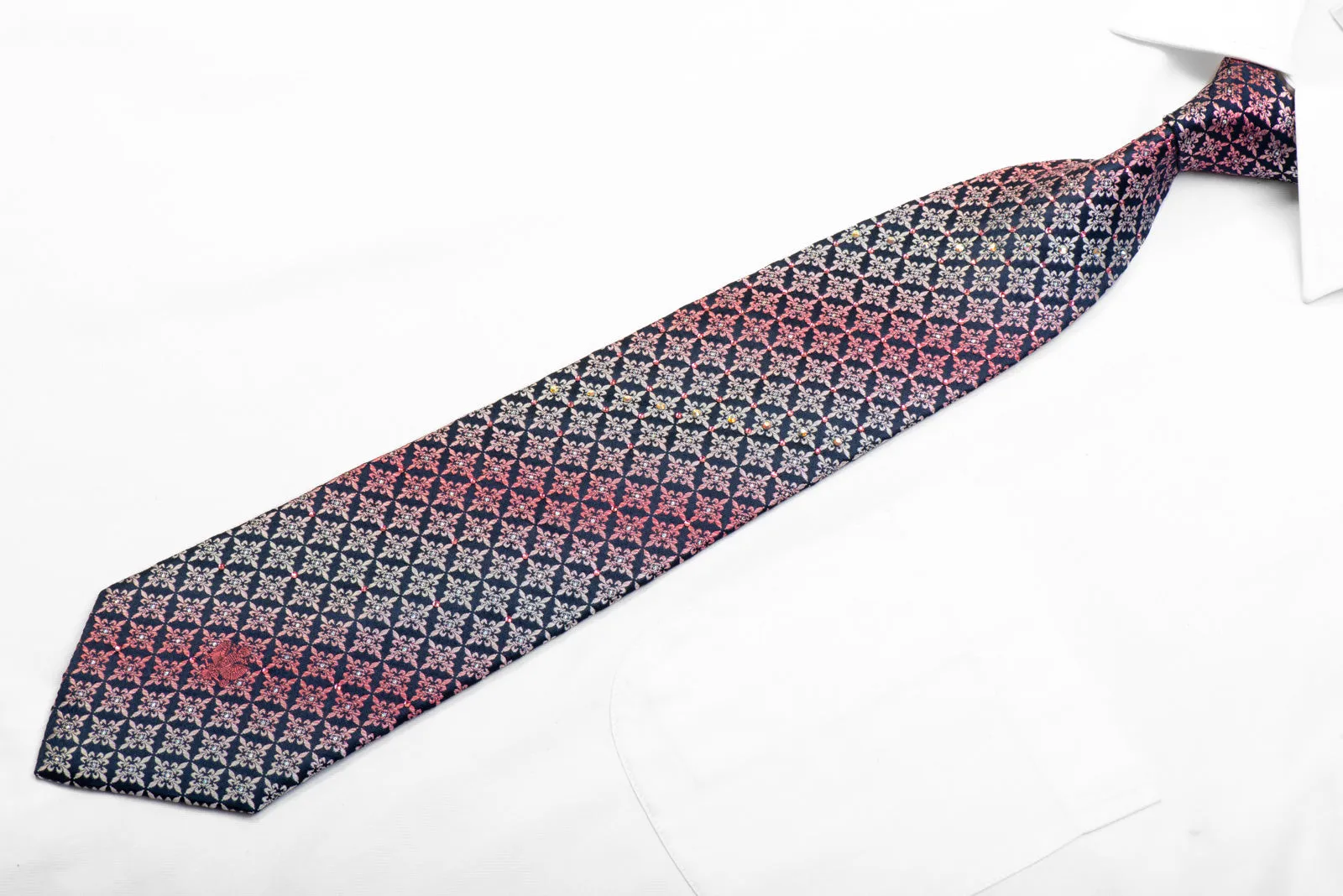 Renoma Rhinestone Necktie Pink Silver Fleur de Lis on Navy With Sparkles
