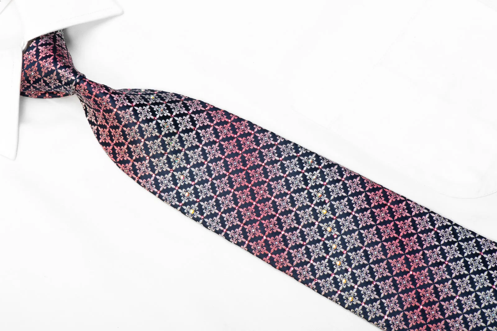 Renoma Rhinestone Necktie Pink Silver Fleur de Lis on Navy With Sparkles