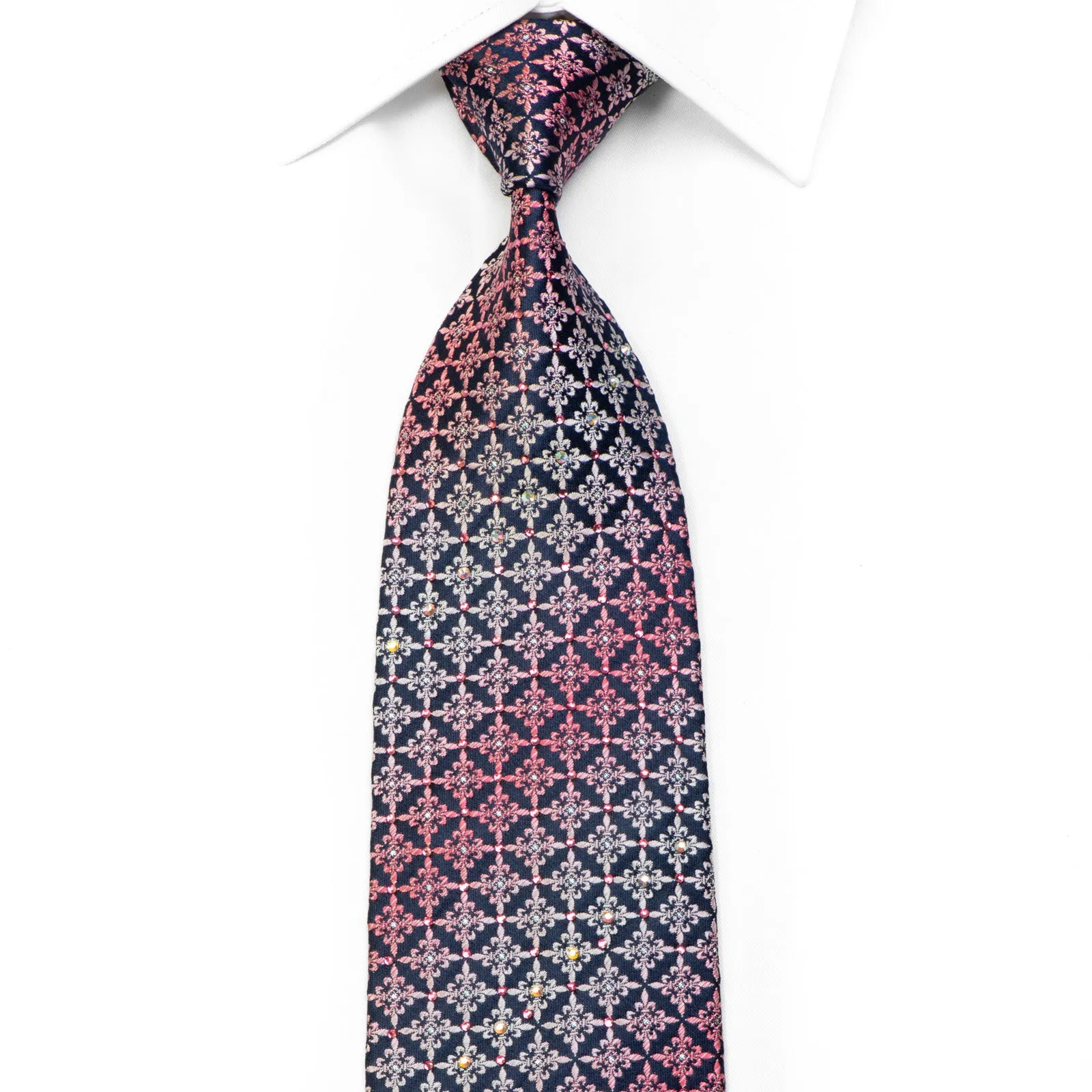 Renoma Rhinestone Necktie Pink Silver Fleur de Lis on Navy With Sparkles