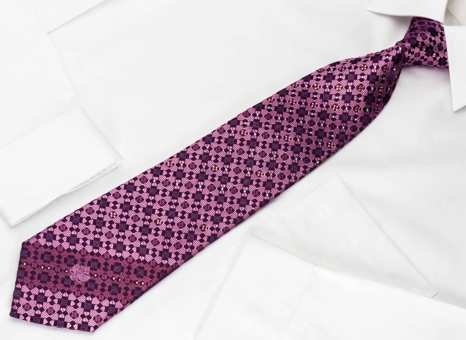 Renoma Silk Rhinestone Necktie Checker On Purple With Purple Sparkles