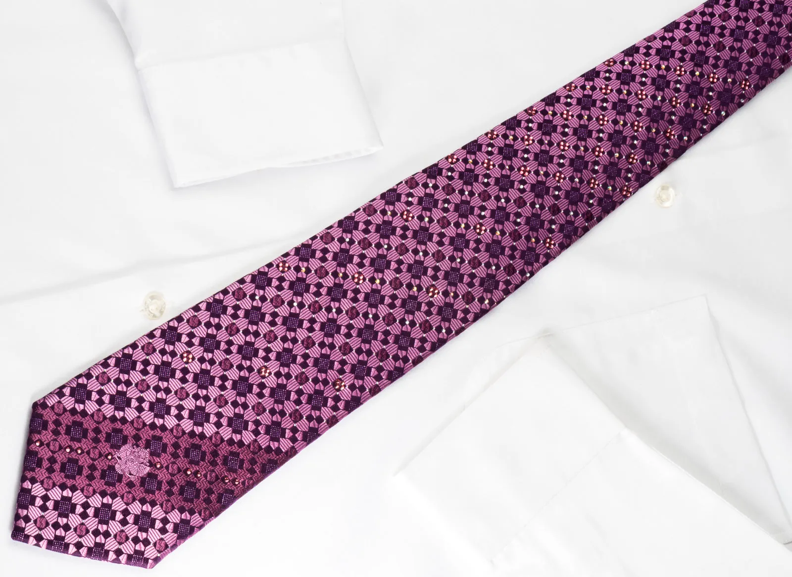 Renoma Silk Rhinestone Necktie Checker On Purple With Purple Sparkles