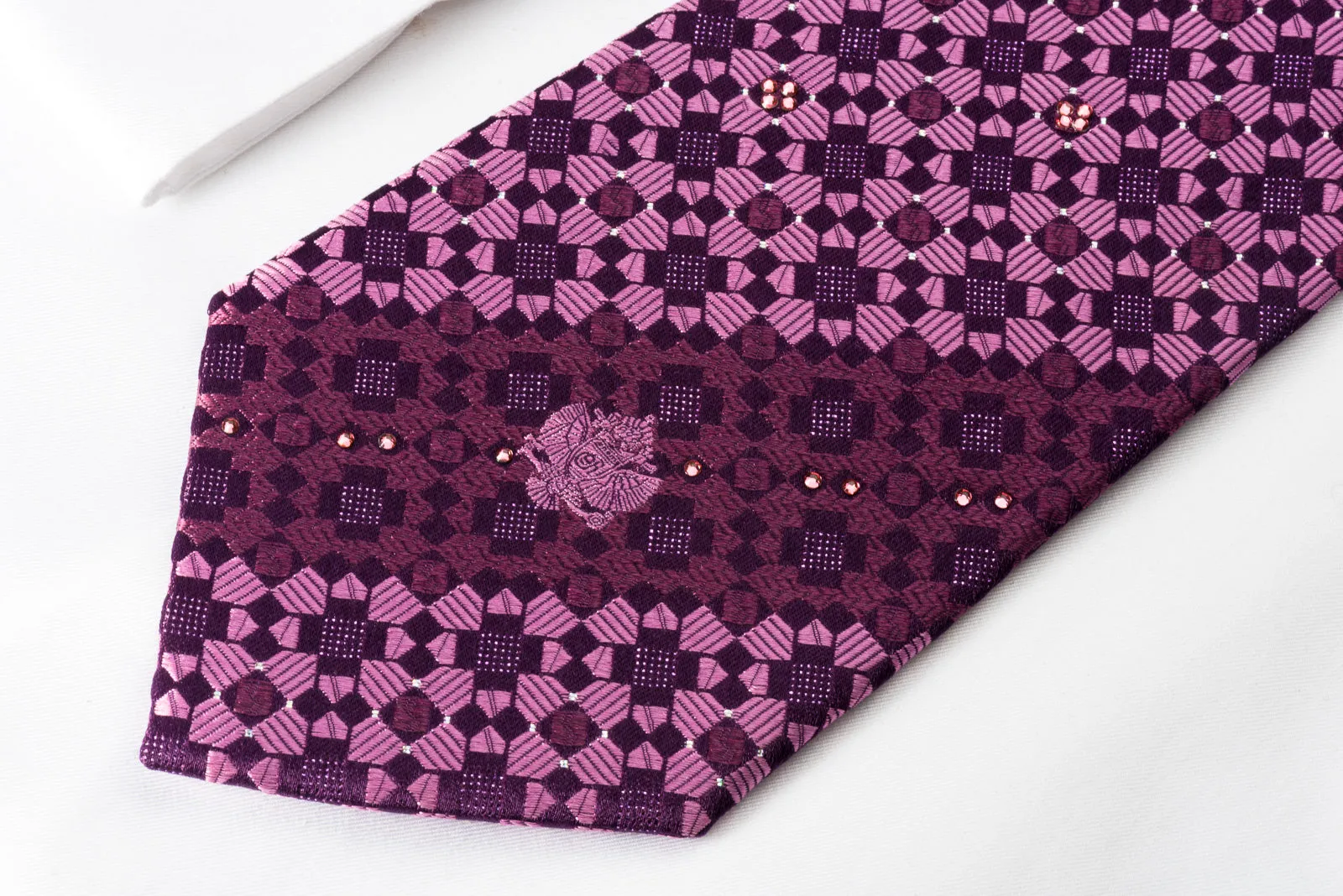 Renoma Silk Rhinestone Necktie Checker On Purple With Purple Sparkles