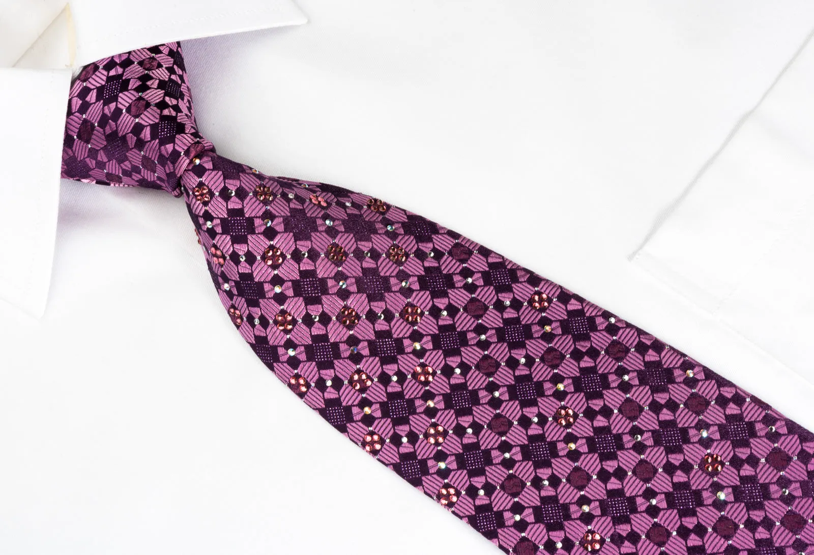Renoma Silk Rhinestone Necktie Checker On Purple With Purple Sparkles