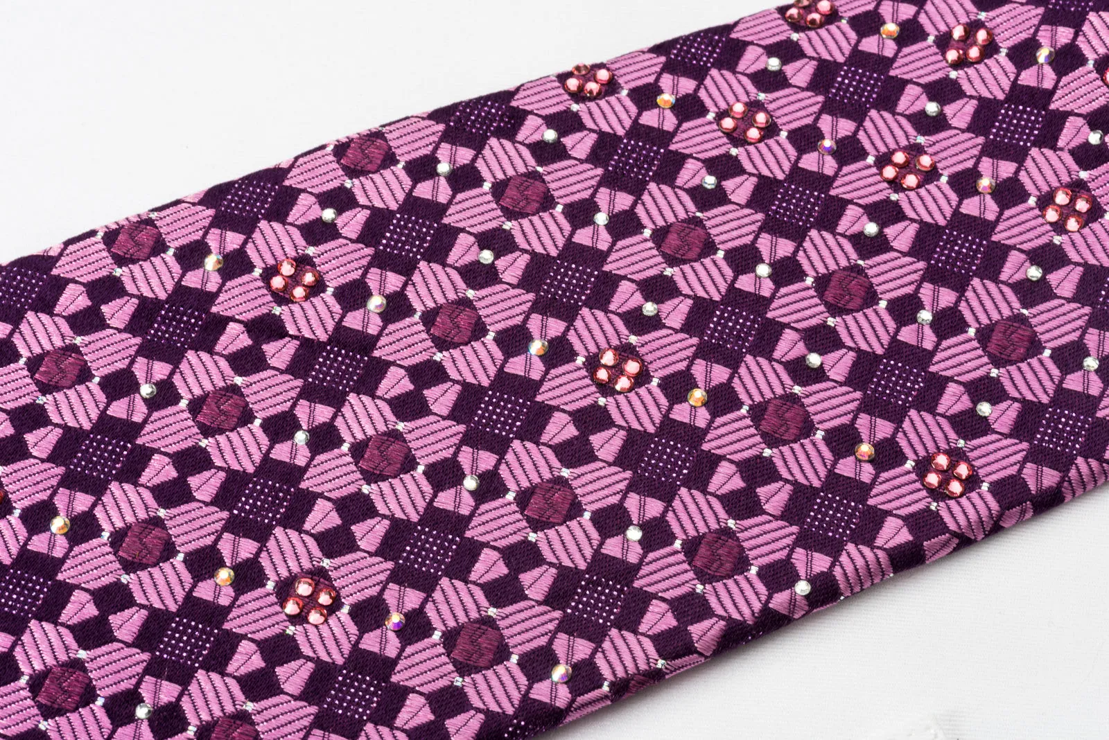 Renoma Silk Rhinestone Necktie Checker On Purple With Purple Sparkles