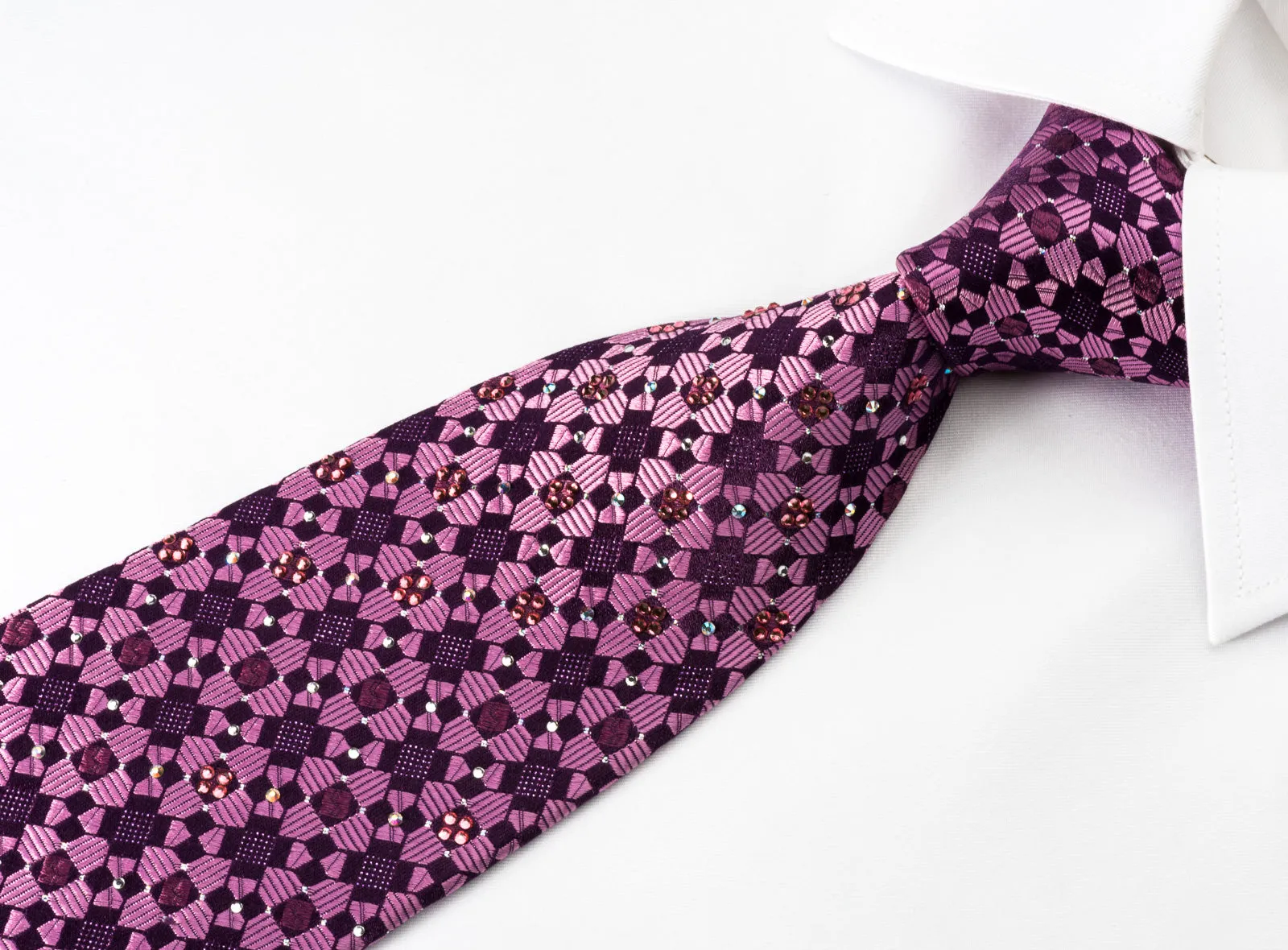 Renoma Silk Rhinestone Necktie Checker On Purple With Purple Sparkles
