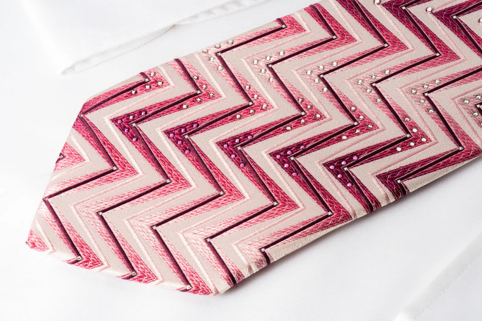 Renoma Silk Rhinestone Necktie Purple Zig Zags On Pink With Silver Sparkles