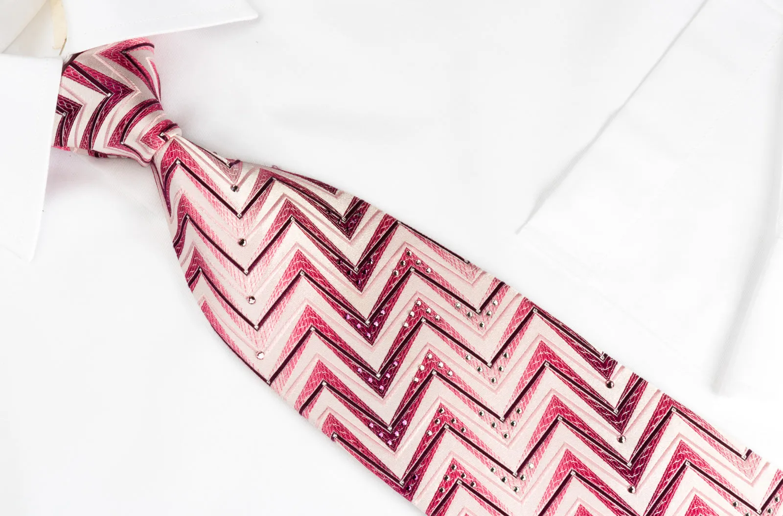 Renoma Silk Rhinestone Necktie Purple Zig Zags On Pink With Silver Sparkles