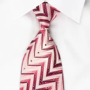 Renoma Silk Rhinestone Necktie Purple Zig Zags On Pink With Silver Sparkles