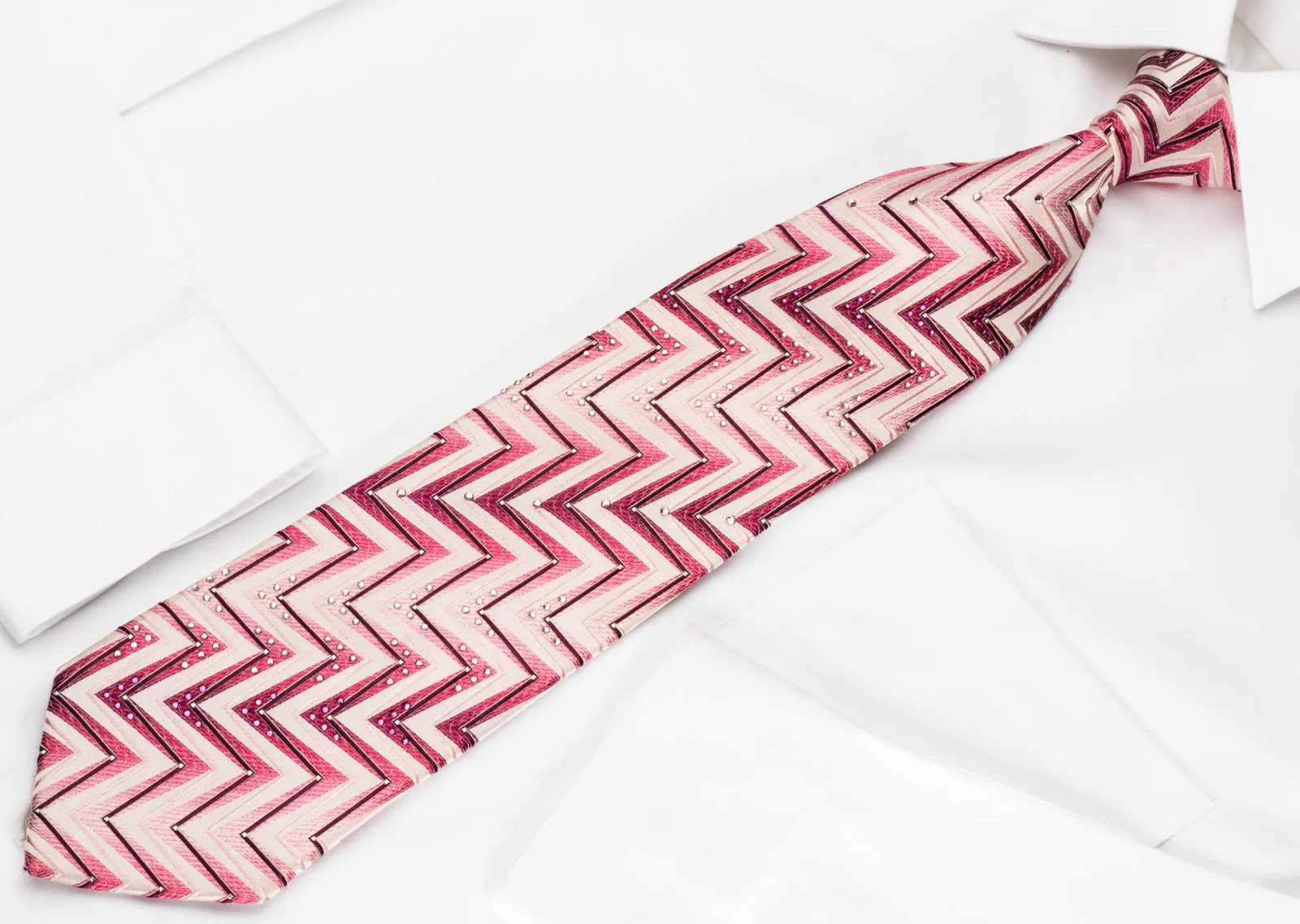 Renoma Silk Rhinestone Necktie Purple Zig Zags On Pink With Silver Sparkles