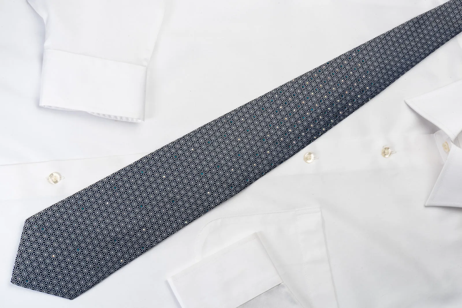 Renoma Silk Rhinestone Necktie Silver Trellis On Navy With Silver Sparkles