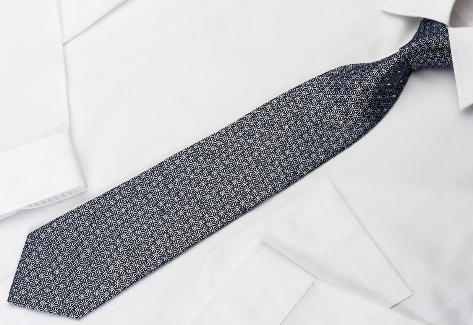 Renoma Silk Rhinestone Necktie Silver Trellis On Navy With Silver Sparkles