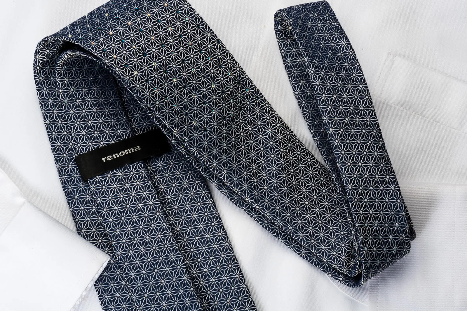 Renoma Silk Rhinestone Necktie Silver Trellis On Navy With Silver Sparkles