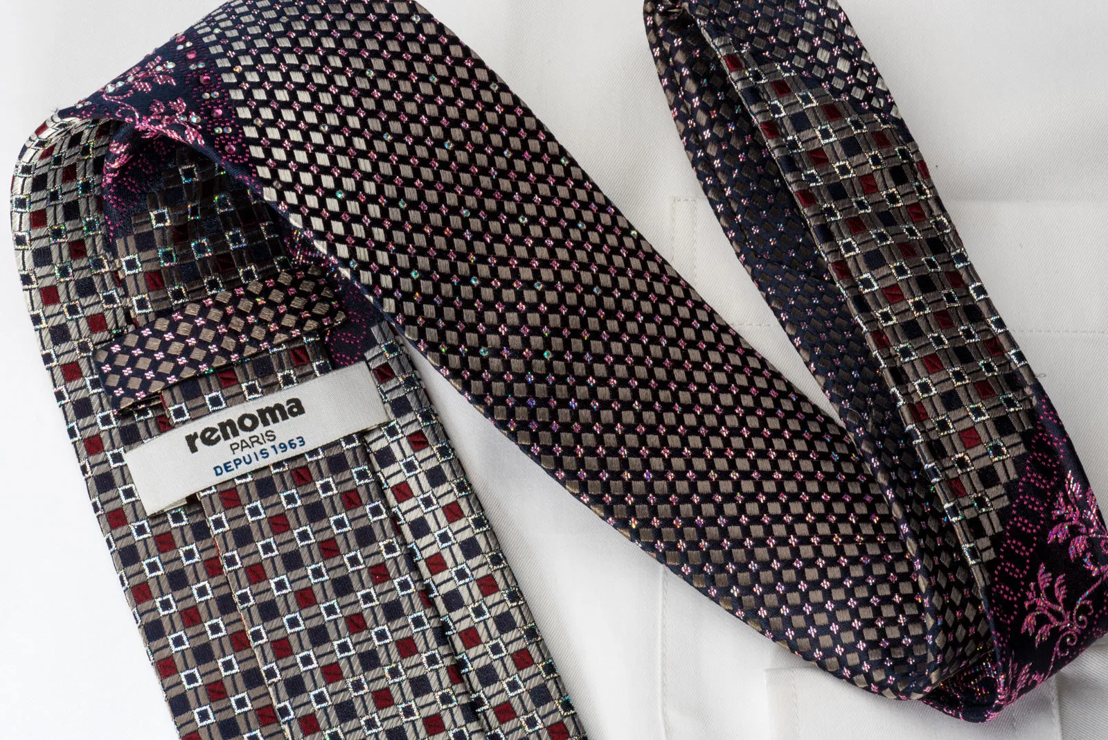 Renoma Silk Rhinestone Necktie Silver Trellis On Navy With Silver Sparkles