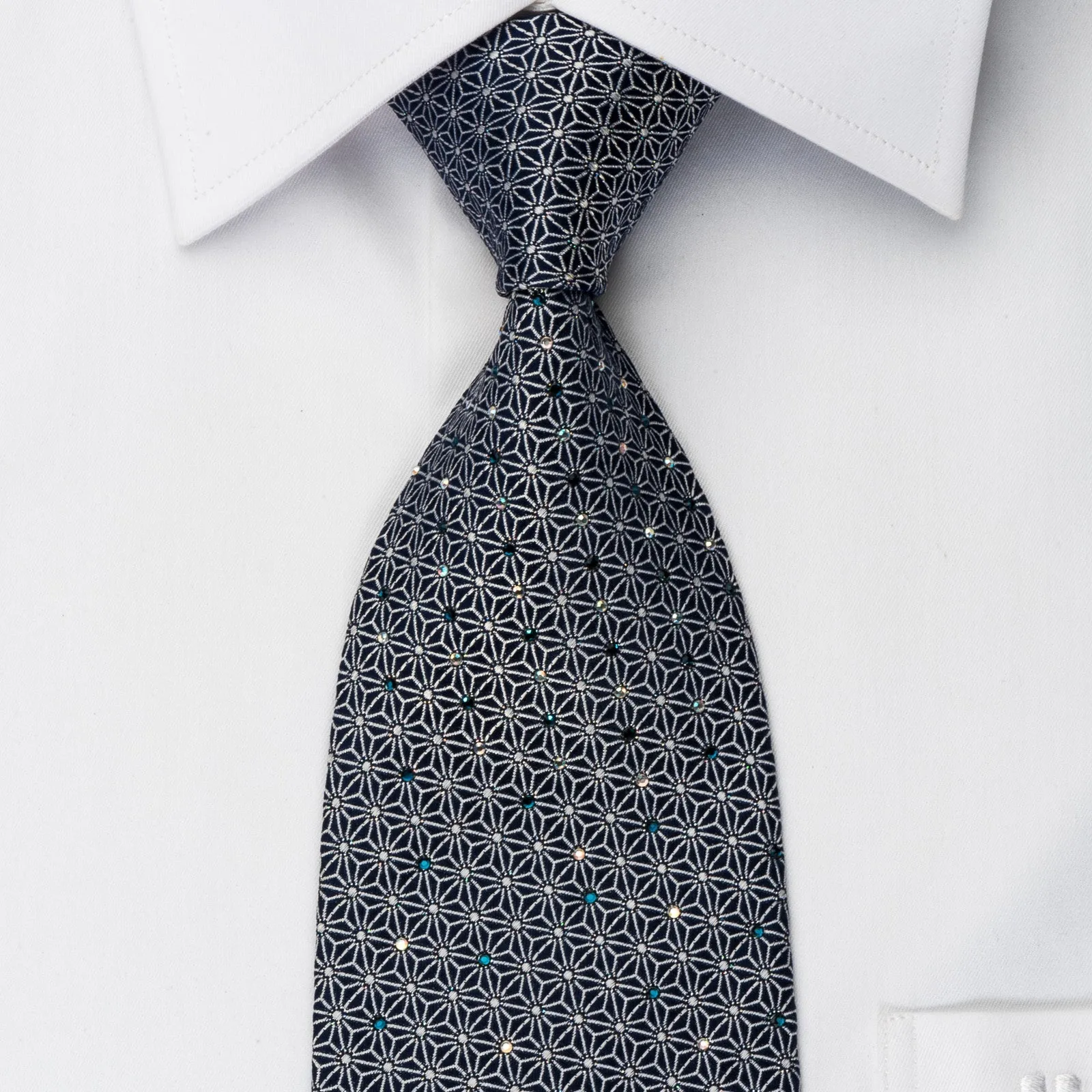 Renoma Silk Rhinestone Necktie Silver Trellis On Navy With Silver Sparkles