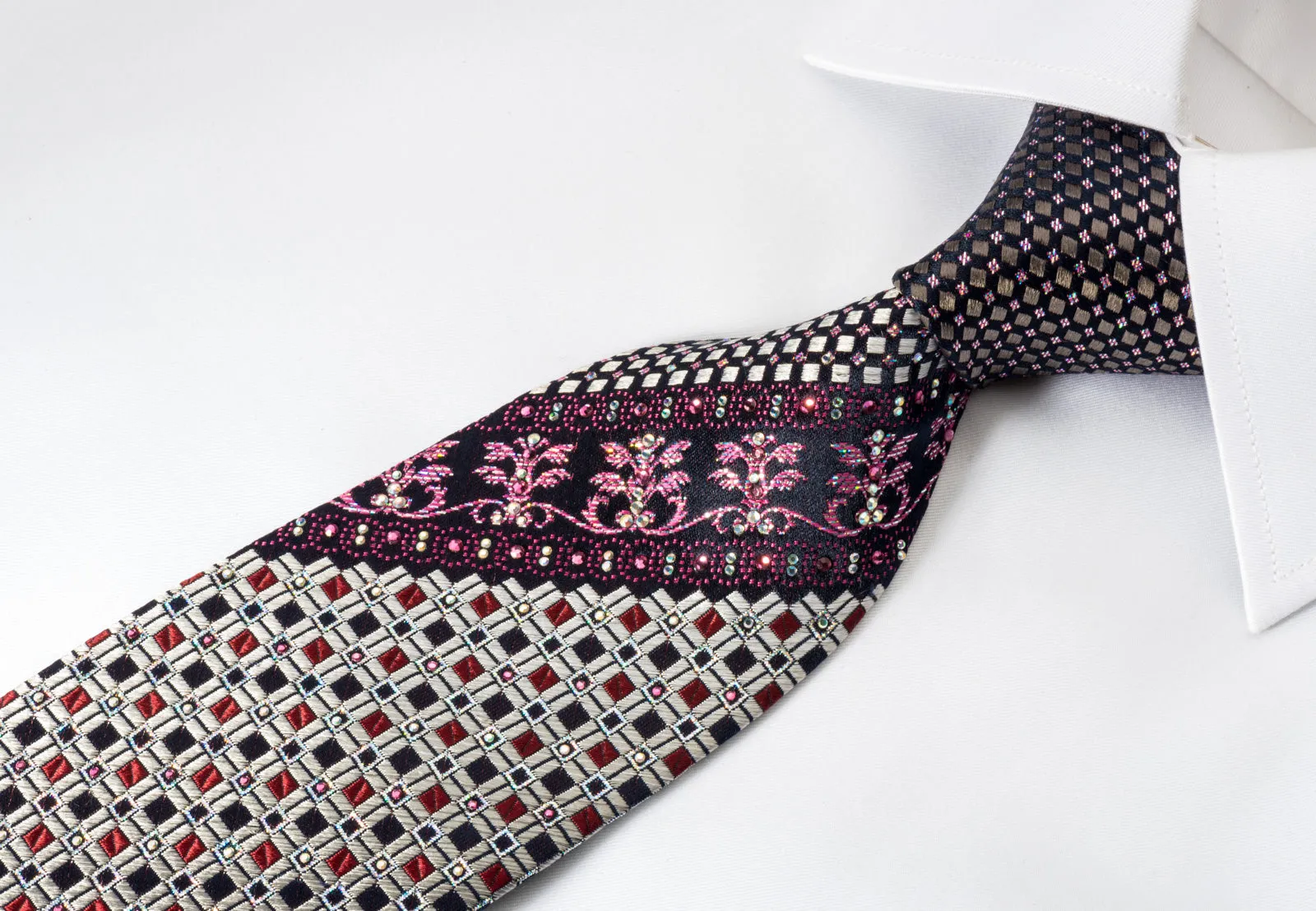 Renoma Silk Rhinestone Necktie Silver Trellis On Navy With Silver Sparkles