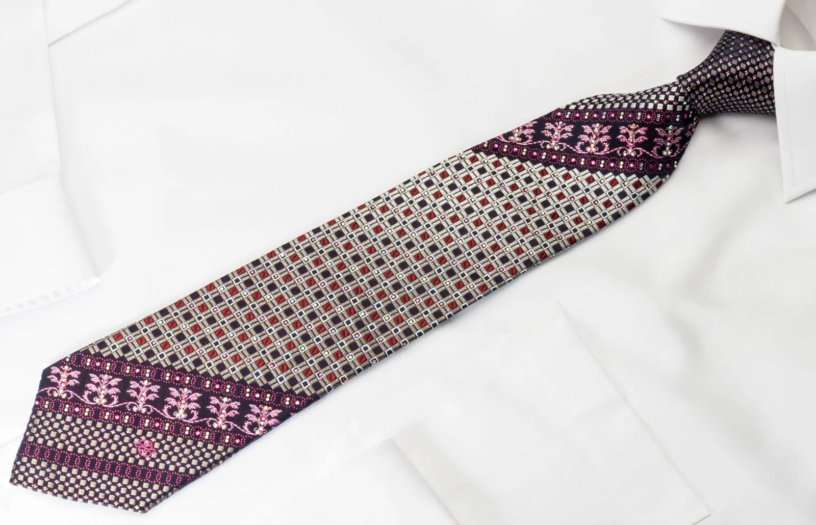 Renoma Silk Rhinestone Necktie Silver Trellis On Navy With Silver Sparkles