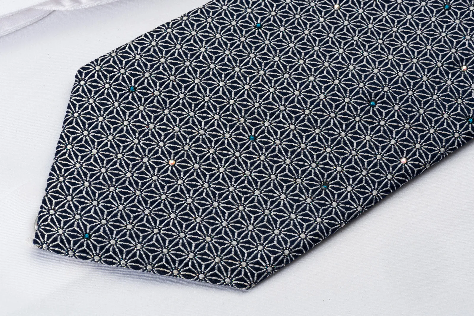 Renoma Silk Rhinestone Necktie Silver Trellis On Navy With Silver Sparkles