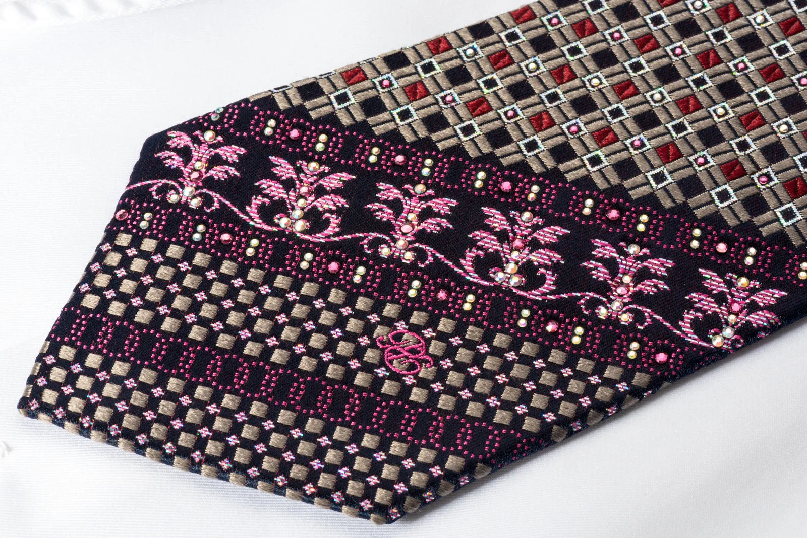 Renoma Silk Rhinestone Necktie Silver Trellis On Navy With Silver Sparkles