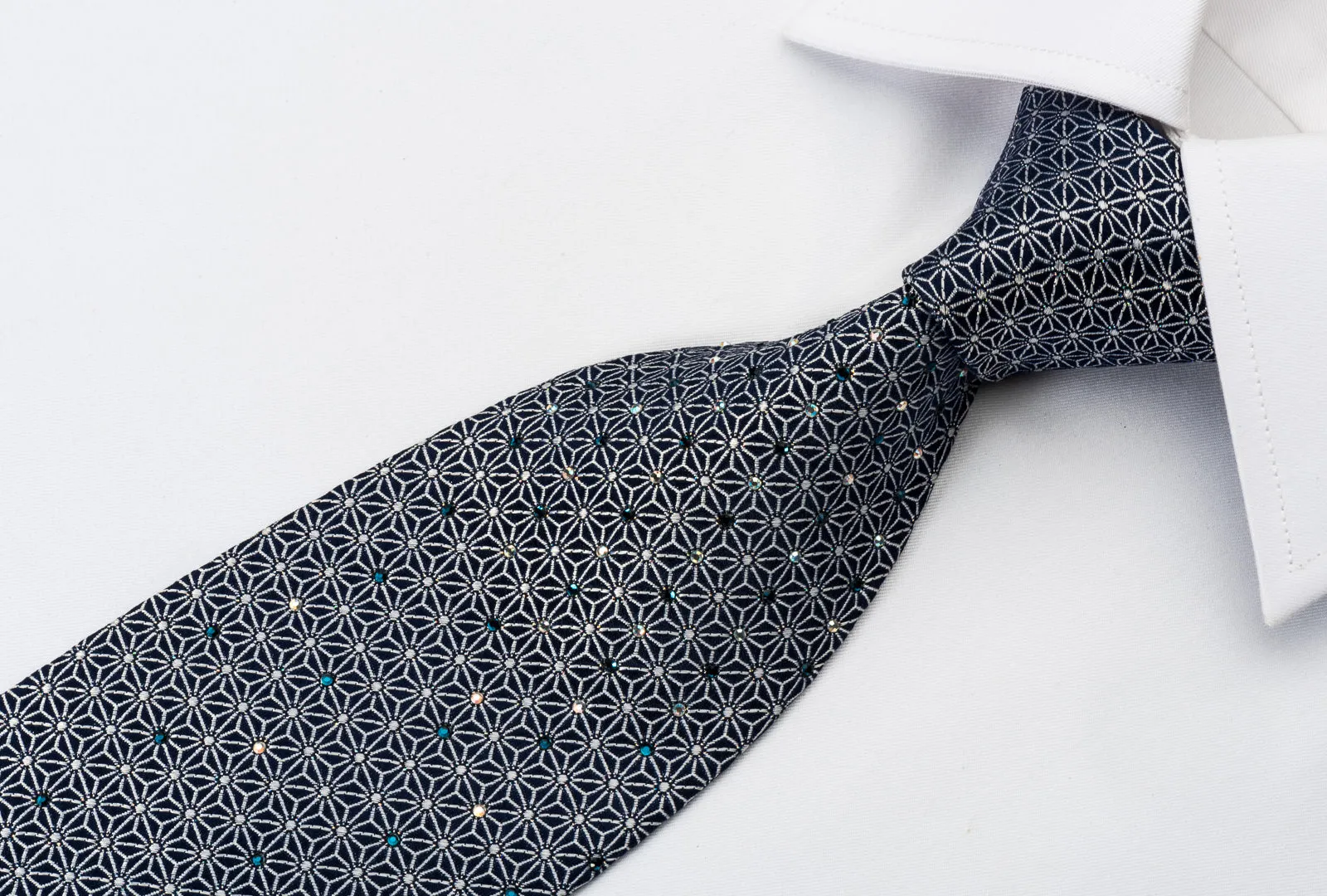 Renoma Silk Rhinestone Necktie Silver Trellis On Navy With Silver Sparkles