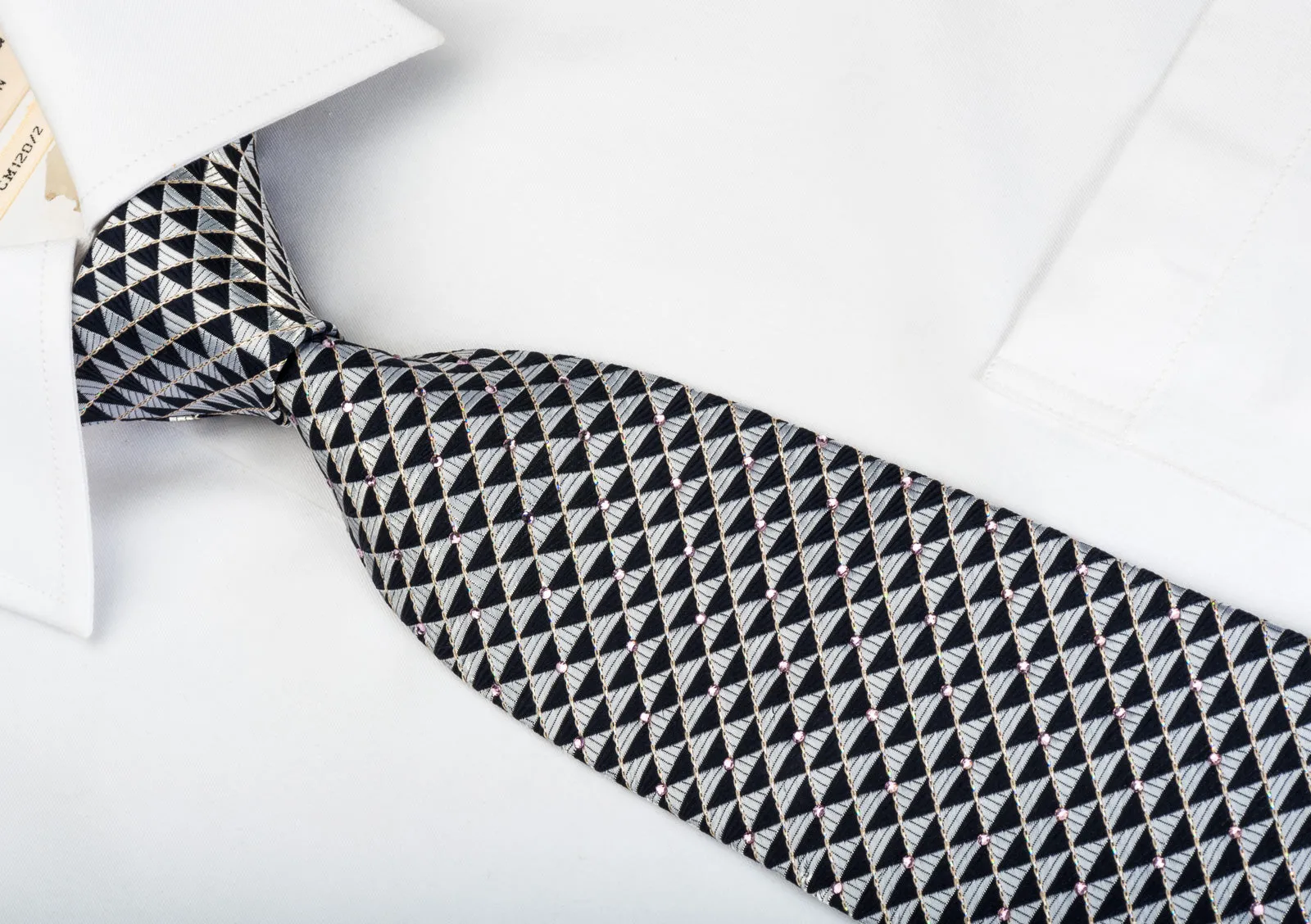 Renoma Silk Rhinestone Tie Silver Black Checkered With Silver Sparkles