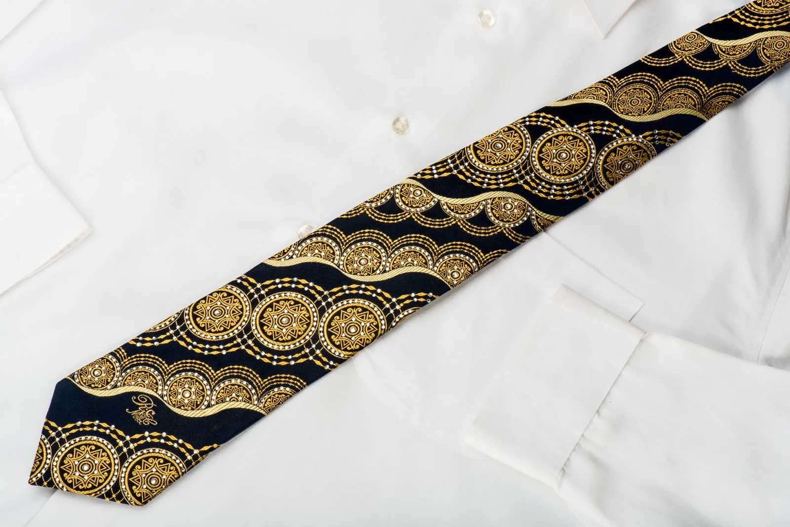 Rhinestone Tie Gold Arabesque Medallions On Navy