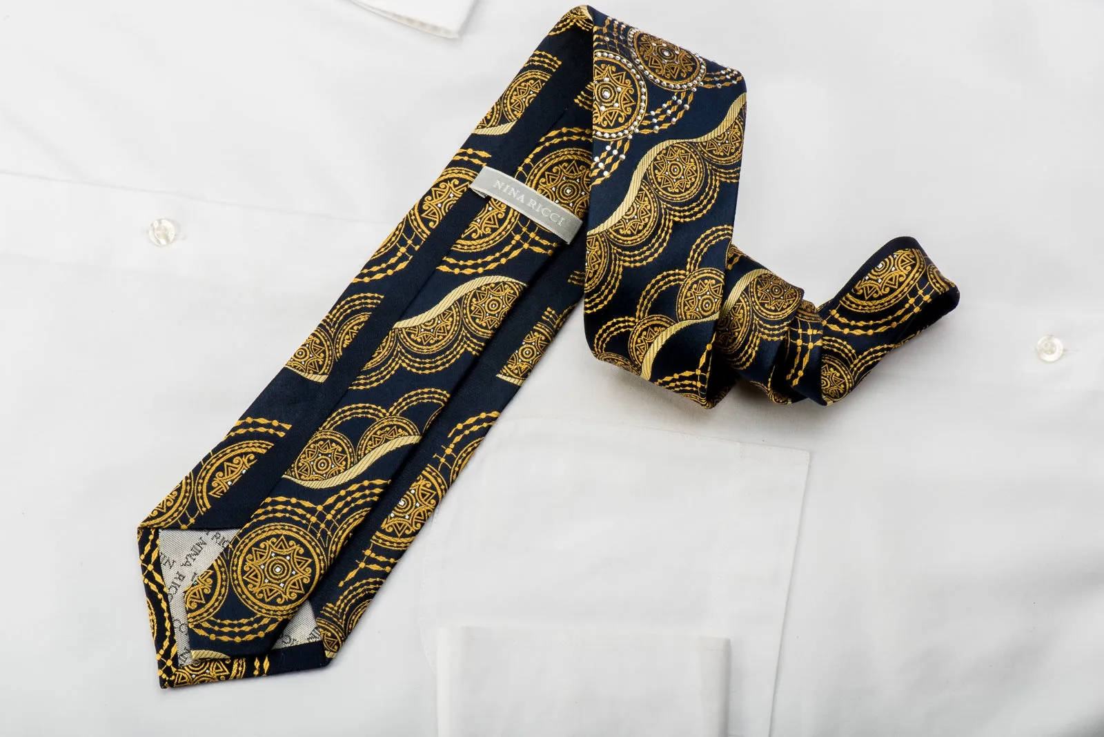 Rhinestone Tie Gold Arabesque Medallions On Navy