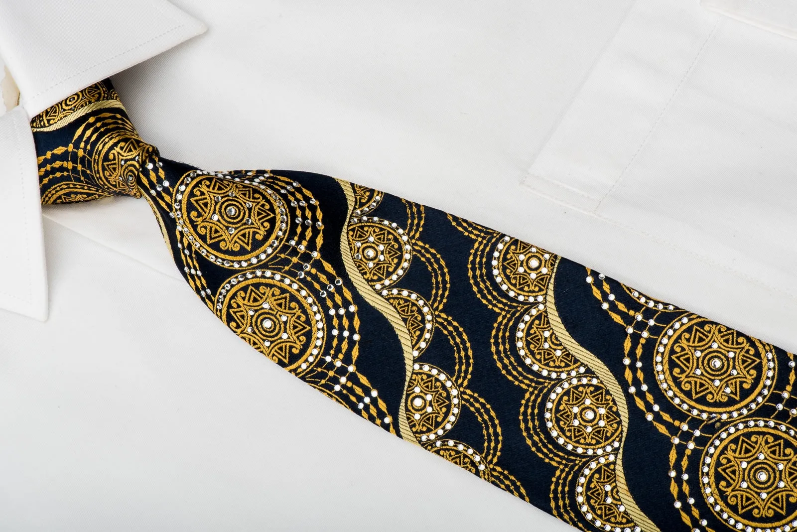 Rhinestone Tie Gold Arabesque Medallions On Navy