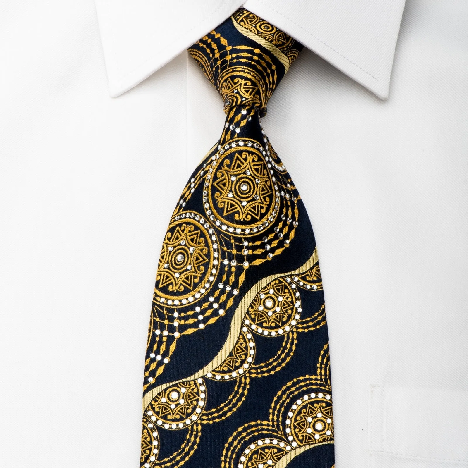 Rhinestone Tie Gold Arabesque Medallions On Navy