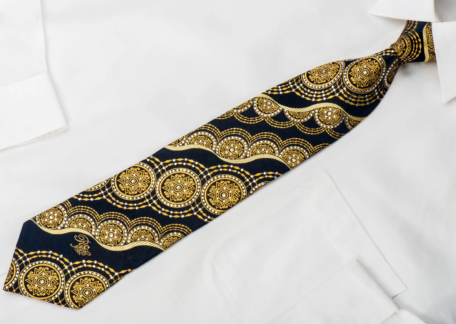 Rhinestone Tie Gold Arabesque Medallions On Navy