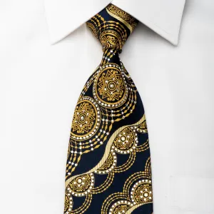 Rhinestone Tie Gold Arabesque Medallions On Navy