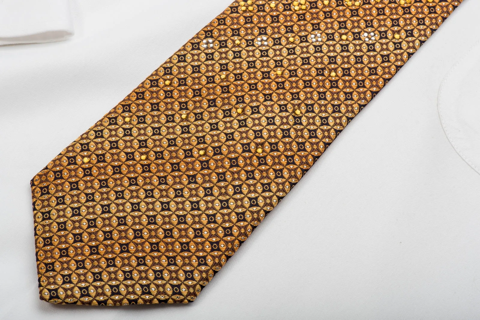 Rogers Dail Rhinestone Silk Necktie Orange Circles On Brown With Silver Sparkles