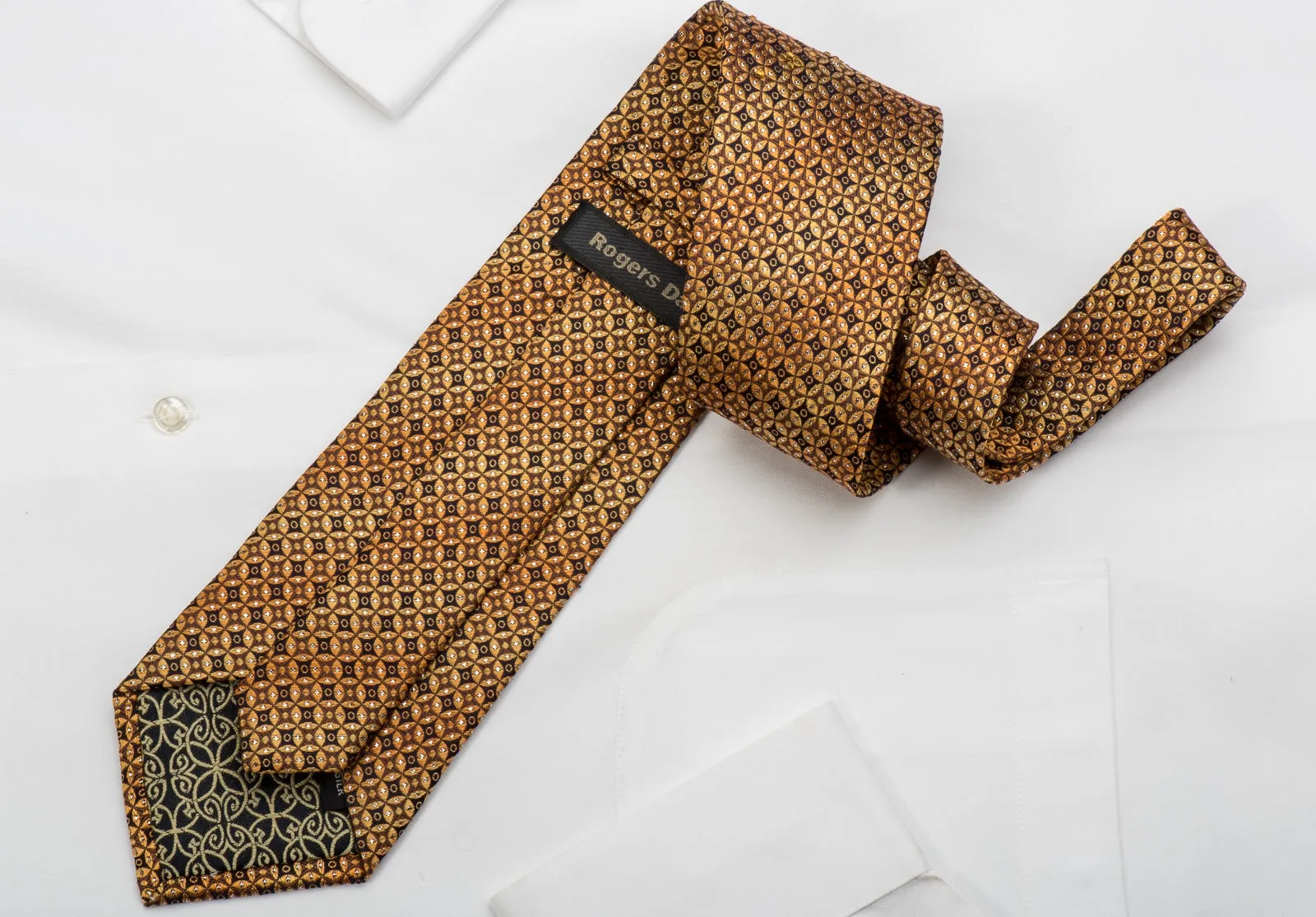 Rogers Dail Rhinestone Silk Necktie Orange Circles On Brown With Silver Sparkles