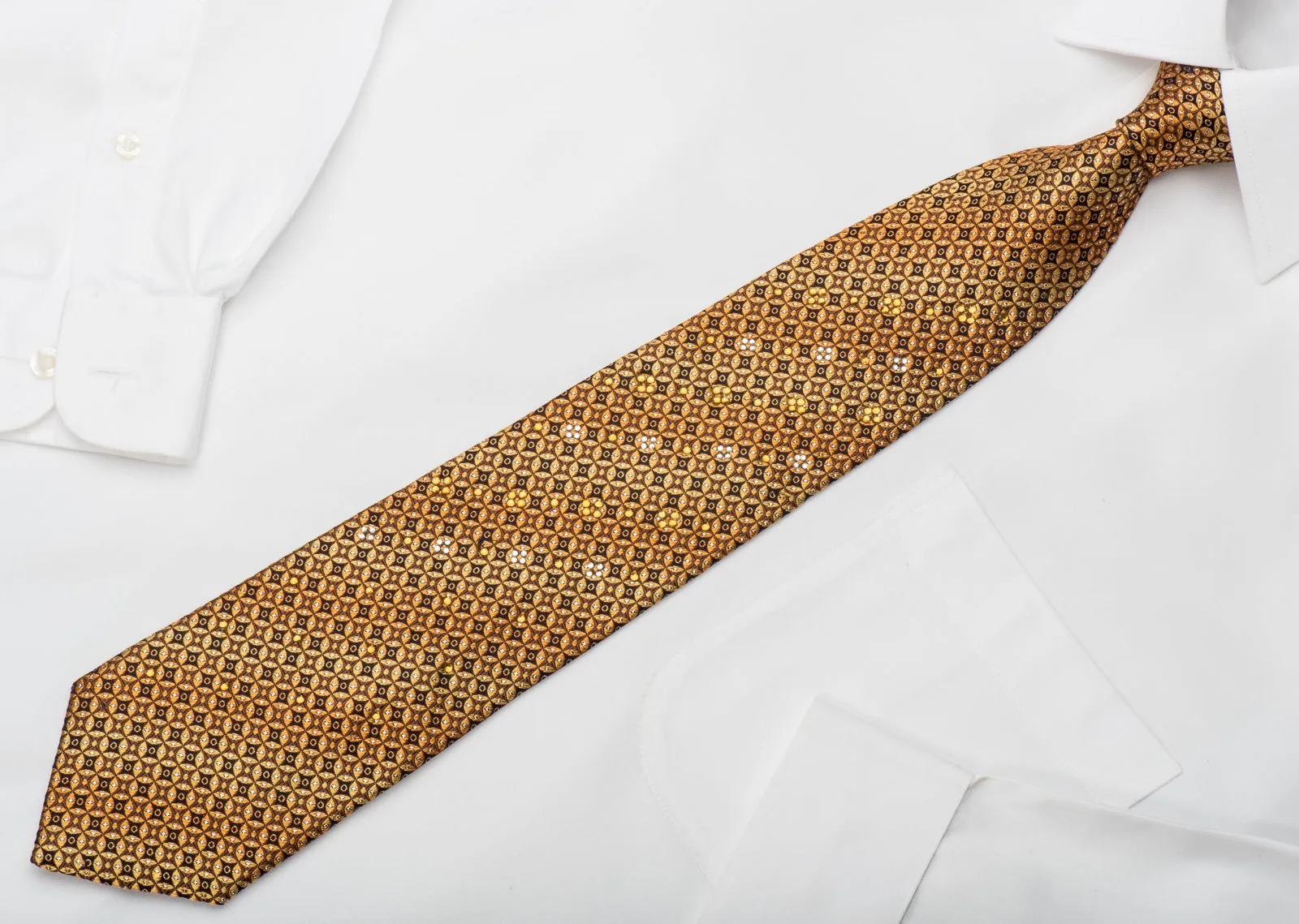 Rogers Dail Rhinestone Silk Necktie Orange Circles On Brown With Silver Sparkles