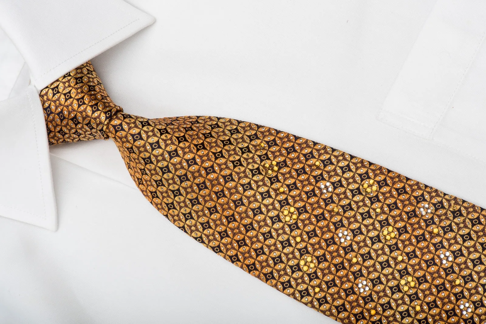 Rogers Dail Rhinestone Silk Necktie Orange Circles On Brown With Silver Sparkles