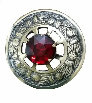 Scottish Kilt Fly Plaid Brooch Red Stone Antique 3" Thistle Design Piper Plaid