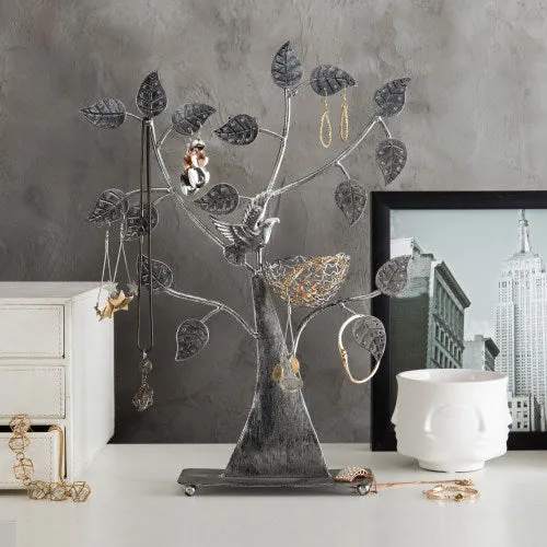 Silver Metal Tabletop Jewelry Tree with Bird Nest