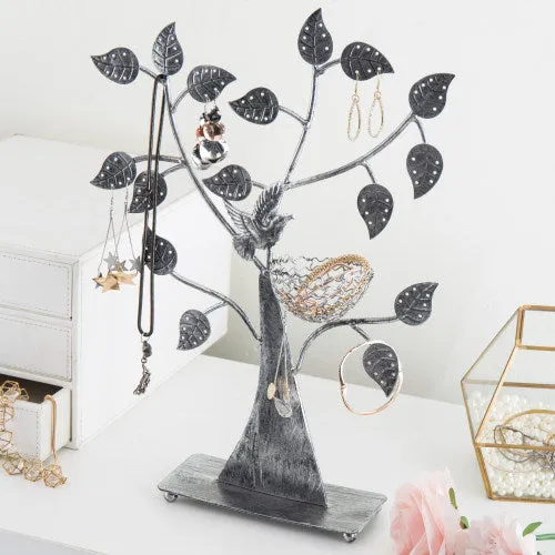 Silver Metal Tabletop Jewelry Tree with Bird Nest