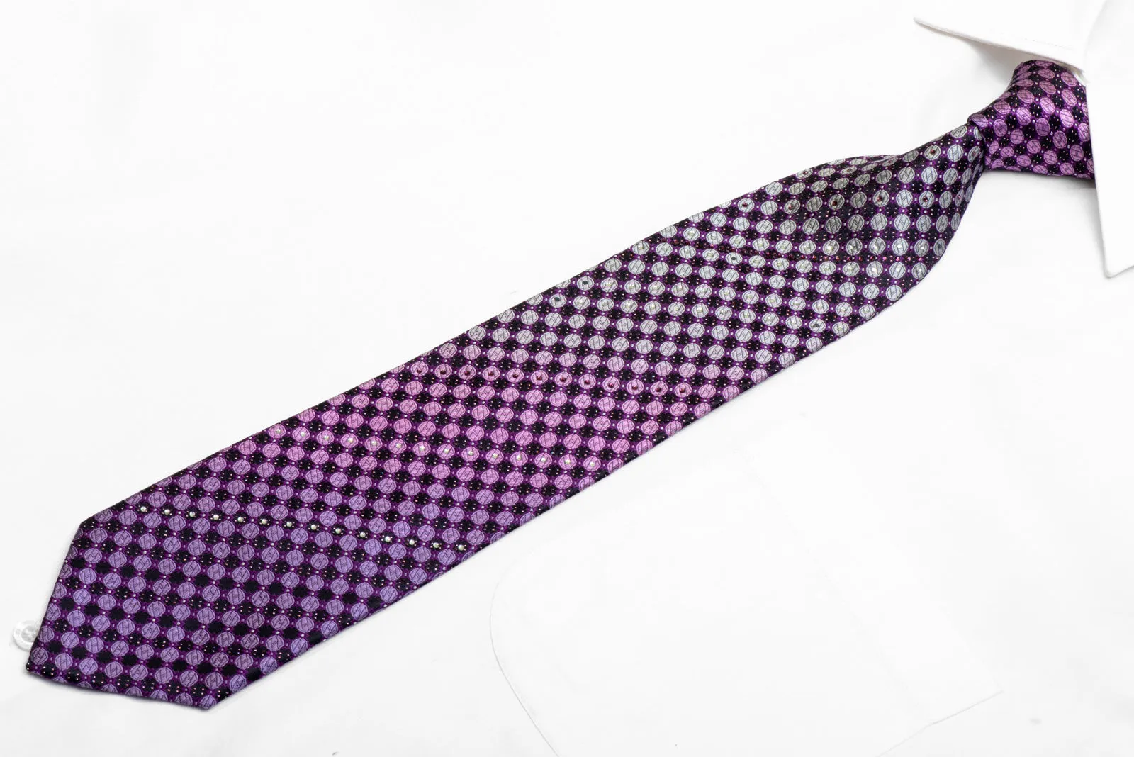 SIlver Purple Geometric Dots On Navy Rhinestone Necktie With Sparkles