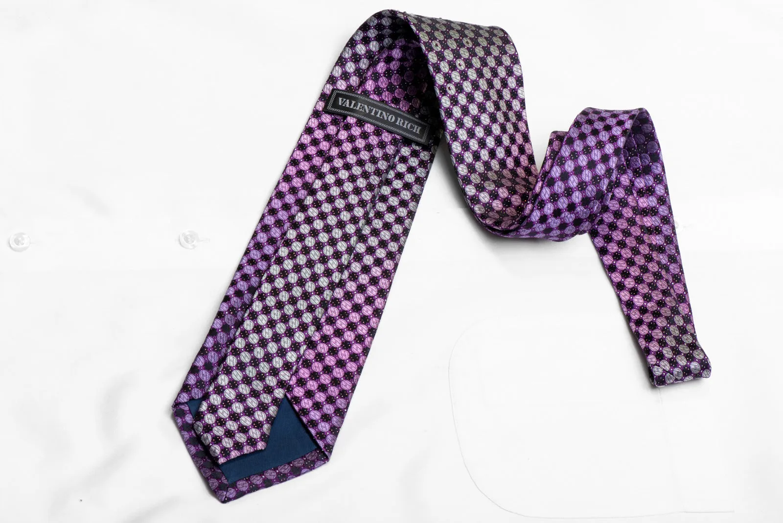 SIlver Purple Geometric Dots On Navy Rhinestone Necktie With Sparkles