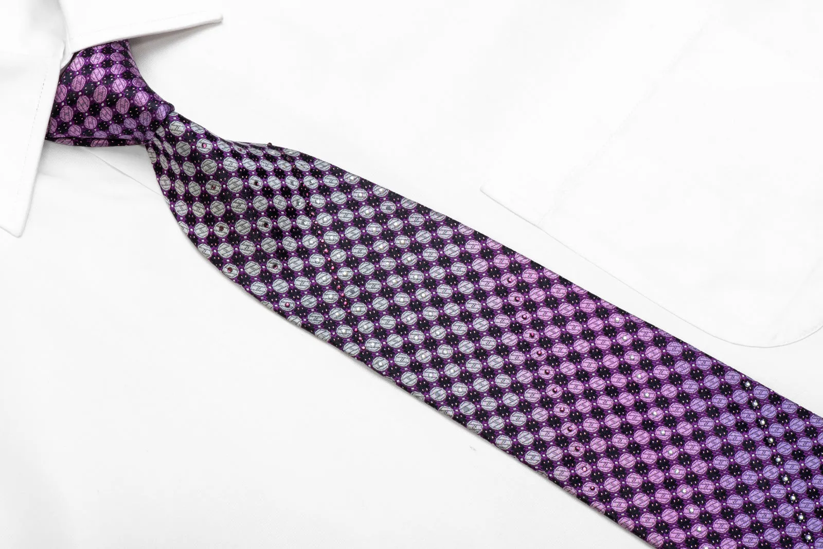 SIlver Purple Geometric Dots On Navy Rhinestone Necktie With Sparkles