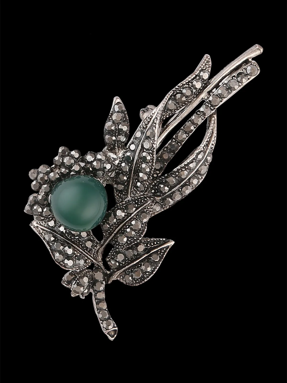 Simply Pretty & Vintage Design Gunmetal Leaf with Pearl Brooch Pin