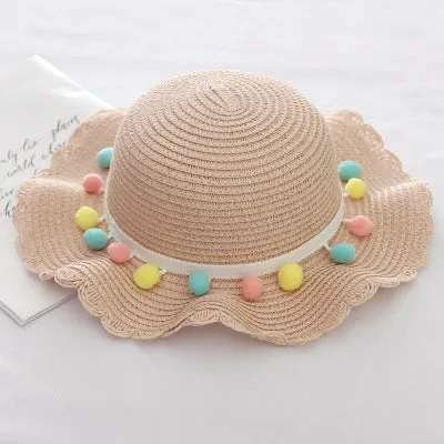 Summer Children'S Bags, Hats, Female Decoration, Small Colored Balls, Sunscreen, Lace, Beach Hats, Breathable Sandals
