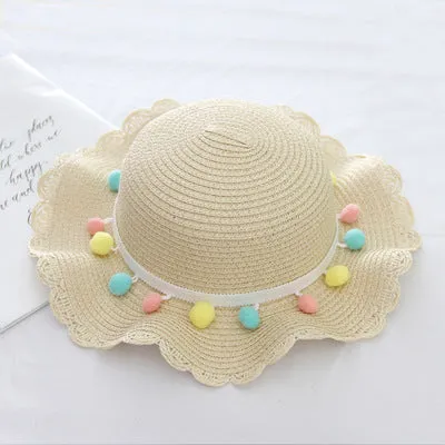 Summer Children'S Bags, Hats, Female Decoration, Small Colored Balls, Sunscreen, Lace, Beach Hats, Breathable Sandals