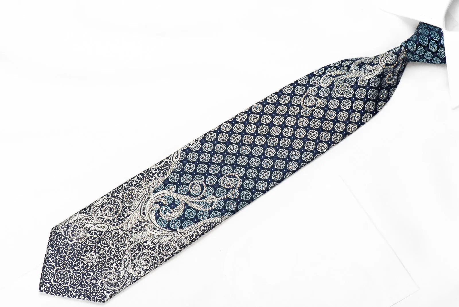 Ungaro Men's Crystal Silk Necktie Silver Filigree & Medallions On Navy With Sparkles