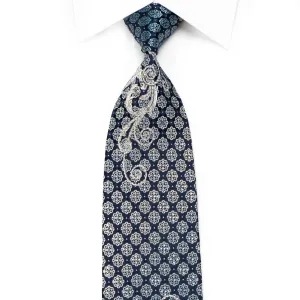 Ungaro Men's Crystal Silk Necktie Silver Filigree & Medallions On Navy With Sparkles