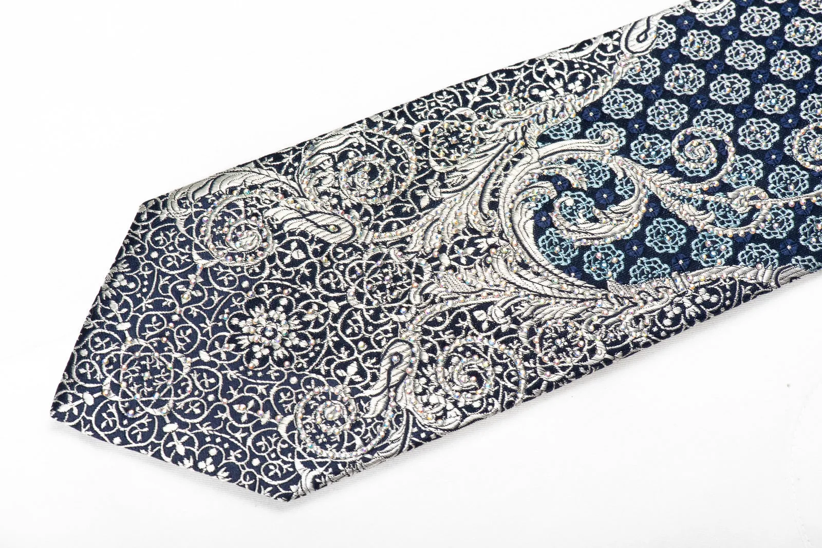 Ungaro Men's Crystal Silk Necktie Silver Filigree & Medallions On Navy With Sparkles