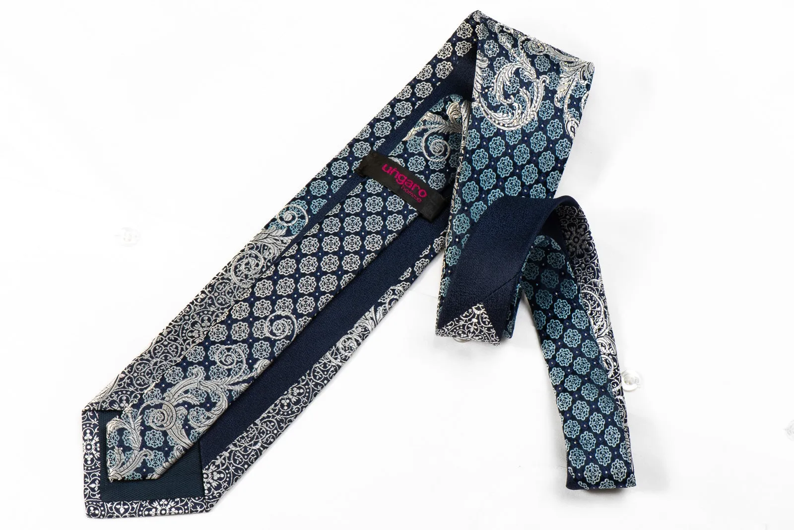 Ungaro Men's Crystal Silk Necktie Silver Filigree & Medallions On Navy With Sparkles