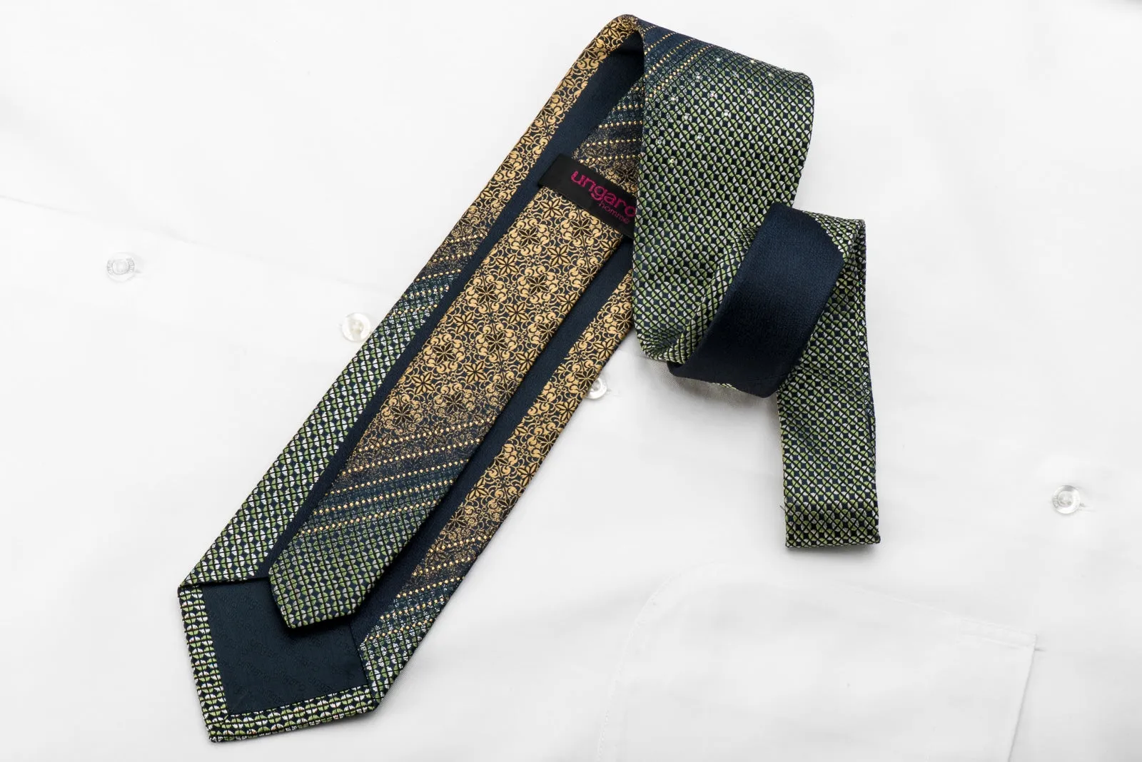 Ungaro Men's Crystal Tie Gold Mandala Green Geometric On Navy With Gold Sparkles