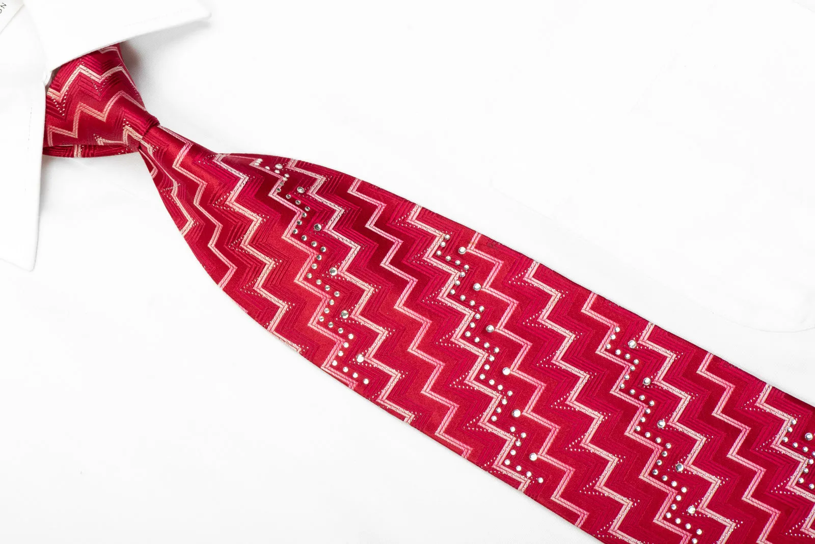 Valentino Rich Rhinestone Necktie Chevron On Red With Silver Sparkles