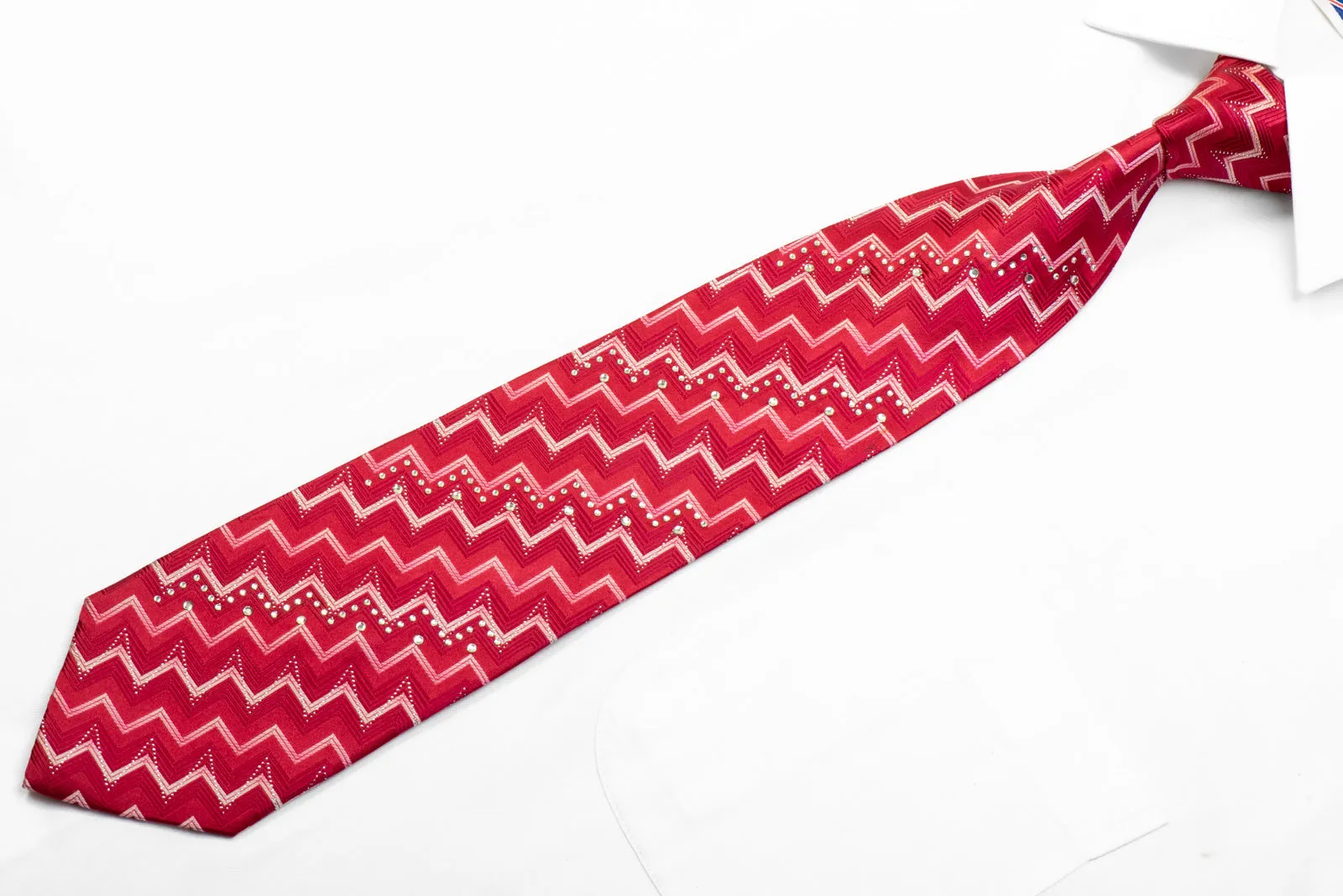 Valentino Rich Rhinestone Necktie Chevron On Red With Silver Sparkles